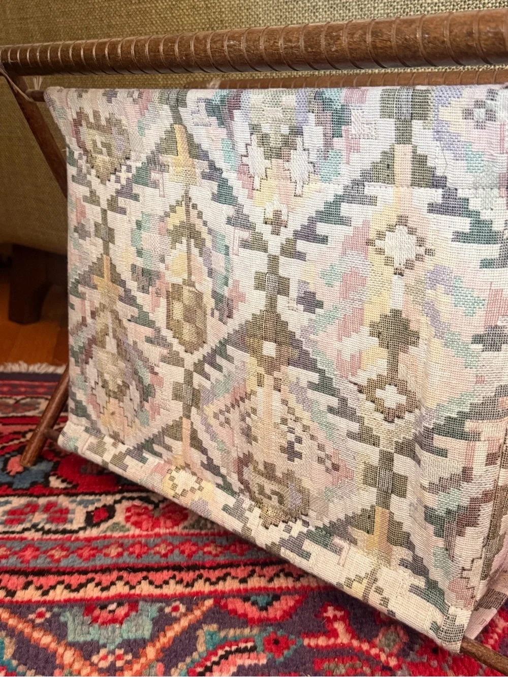 Vintage Tapestry Magazine Rack/Yarn Bag in Muted Pastel Geometric Kilim